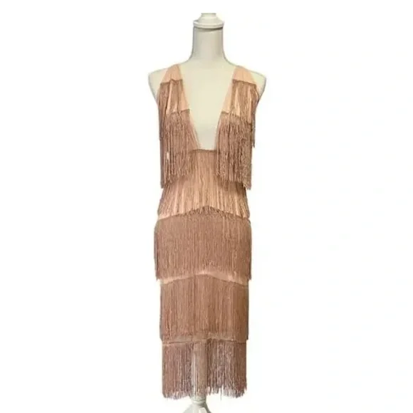 ASOS Fringe Midi Dress Blush Pink Gatsby Flapper 20s Inspired Party Cocktail 6 - Picture 2 of 7